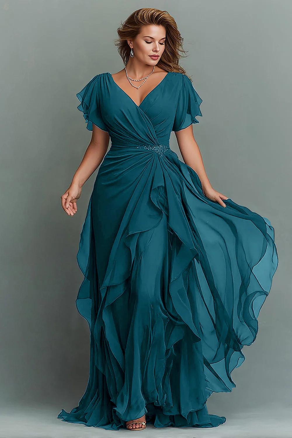 Navy Chiffon V-Neck Ruched Long  with Ruffles - VNBITS