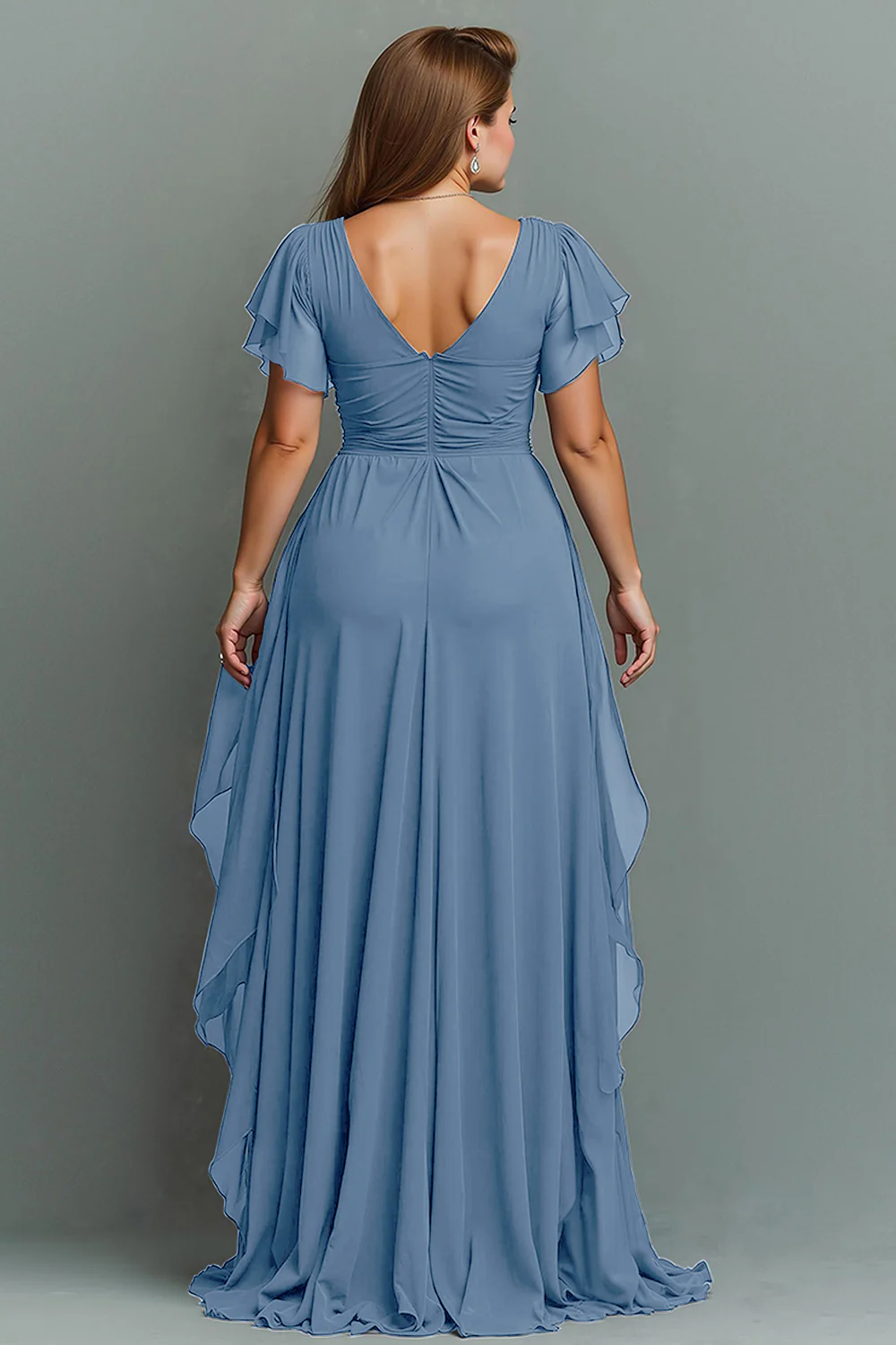 Navy Chiffon V-Neck Ruched Long  with Ruffles - VNBITS