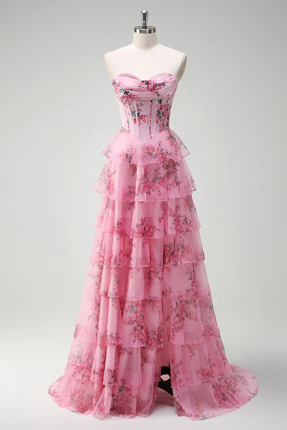Blush Floral A-Line Tiered Sweetheart Long Prom Dress with Slit - VNBITS