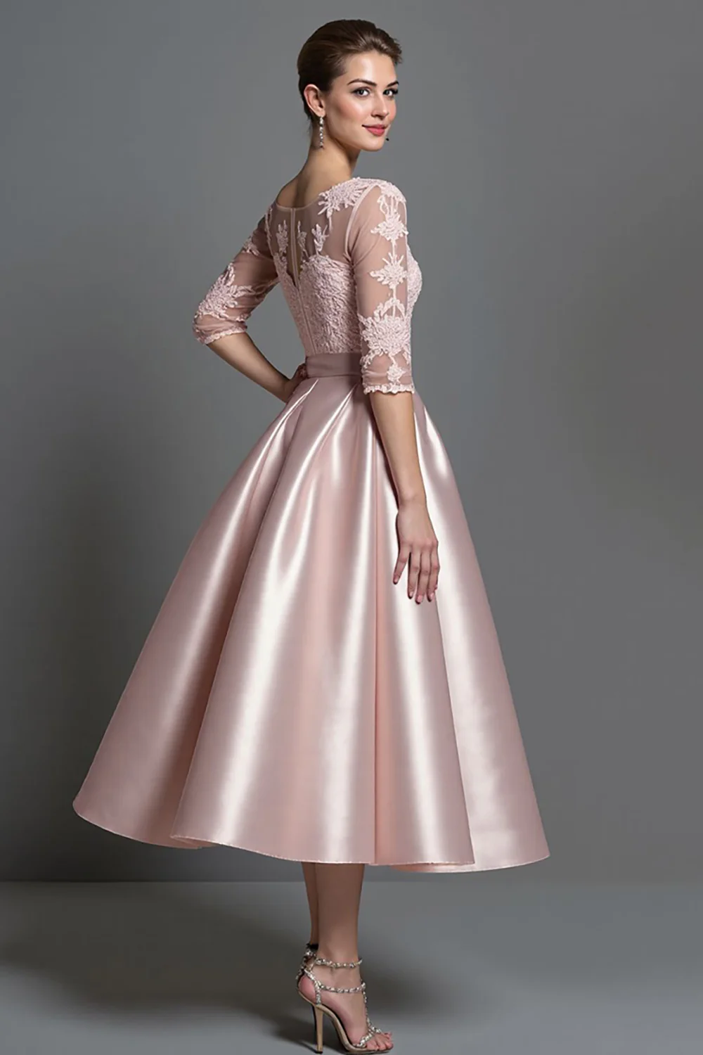 Apricot Satin A Line Long Mother of the Bride Dress with Lace - VNBITS