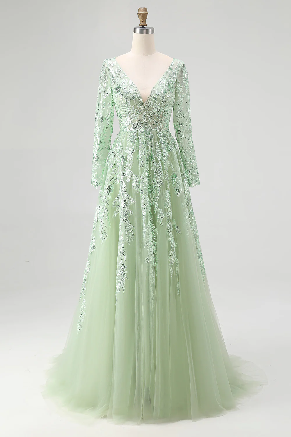 Dusty Sage Lace Applique Tulle V Neck Prom Dress with Long Sleeves - VNBITS