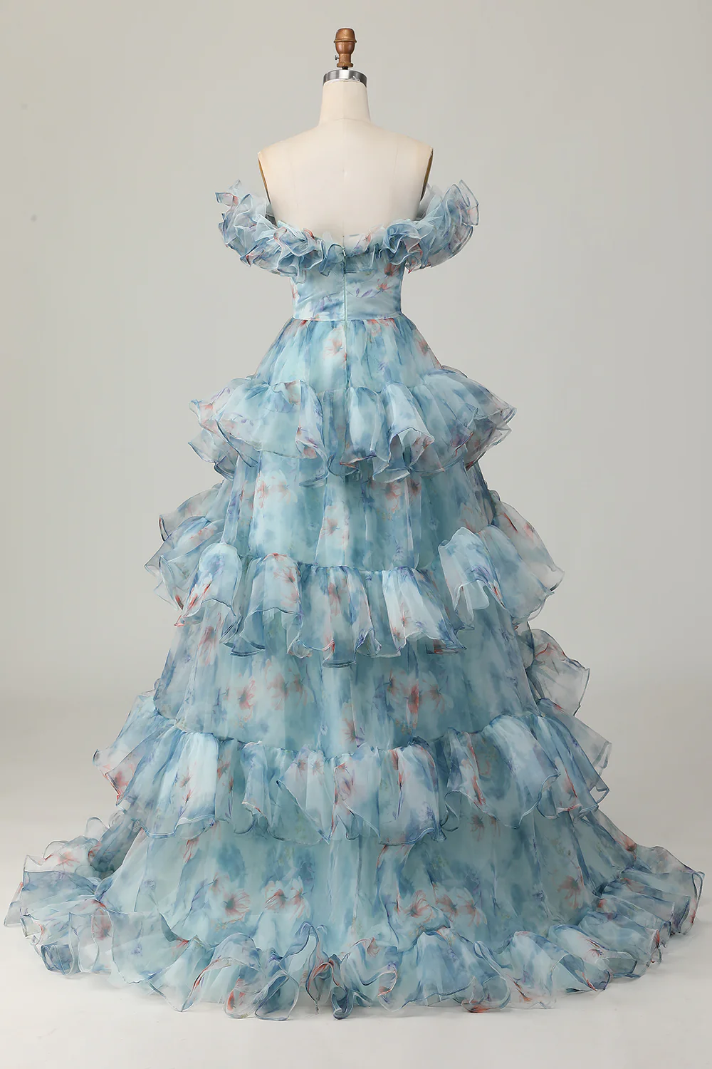 Floral Blue Off the Shoulder A Line Long Prom Dress with Ruffled - VNBITS