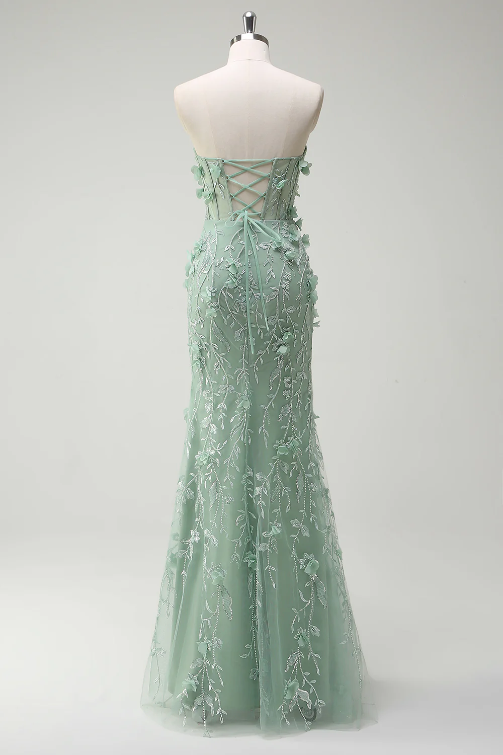 Sage Floral Beaded Mermaid Sweetheart Long Prom Dress with Slit - VNBITS