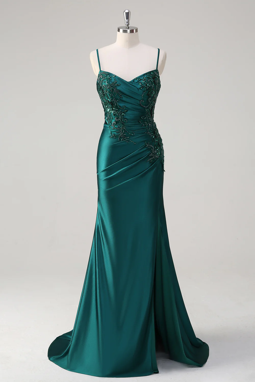 Dark Green Mermaid Applique Spaghetti Straps Long Prom Dress with Slit - VNBITS