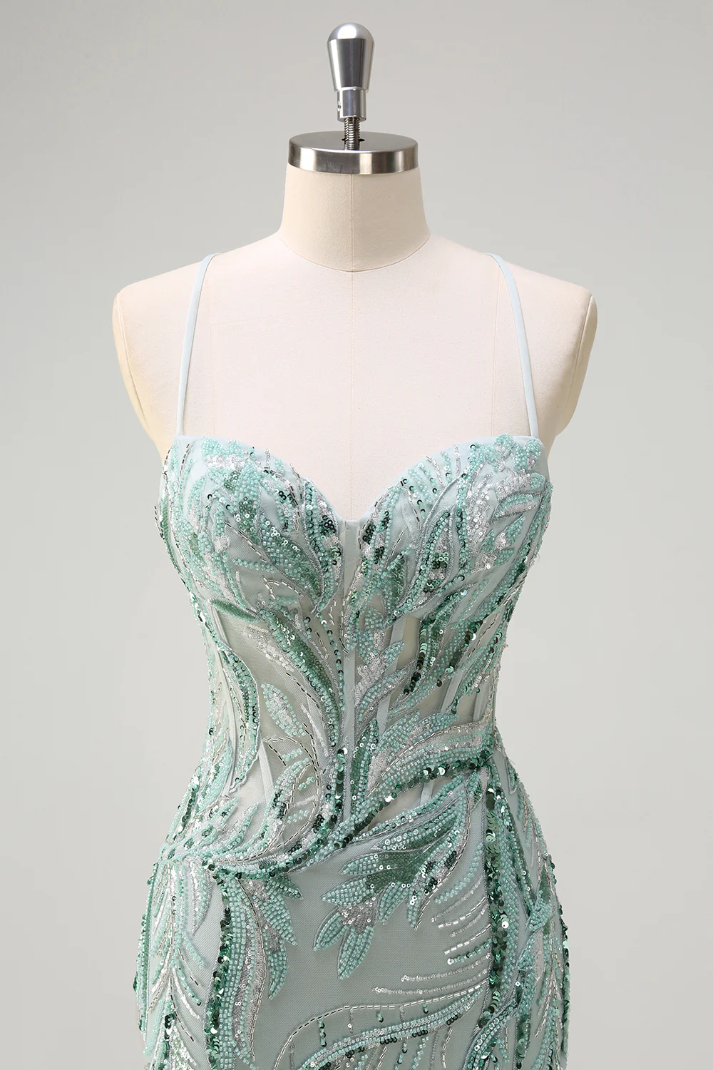 Sparkly Sage Mermaid Sequined Beaded Spaghetti Straps Long Prom Dress - VNBITS