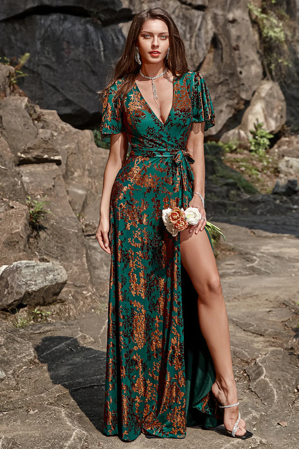 A-Line V Neck Dark Green Burnout Velvet Floor Length Prom Dress with Short Sleeve - VNBITS