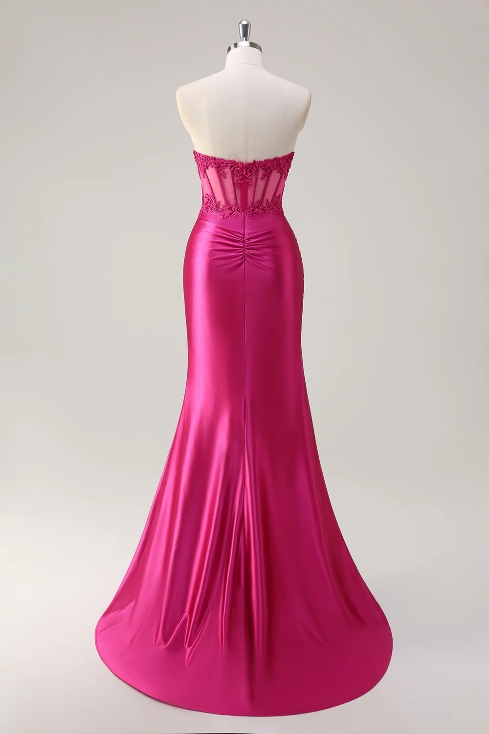 Fuchsia Mermaid Strapless Corset Appliques Long Prom Dress with Slit - VNBITS