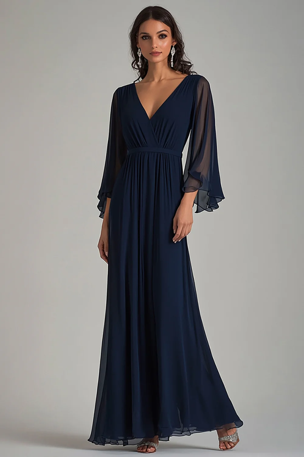 Navy V-Neck Chiffon Long Formal Dress with Half Sleeves - VNBITS