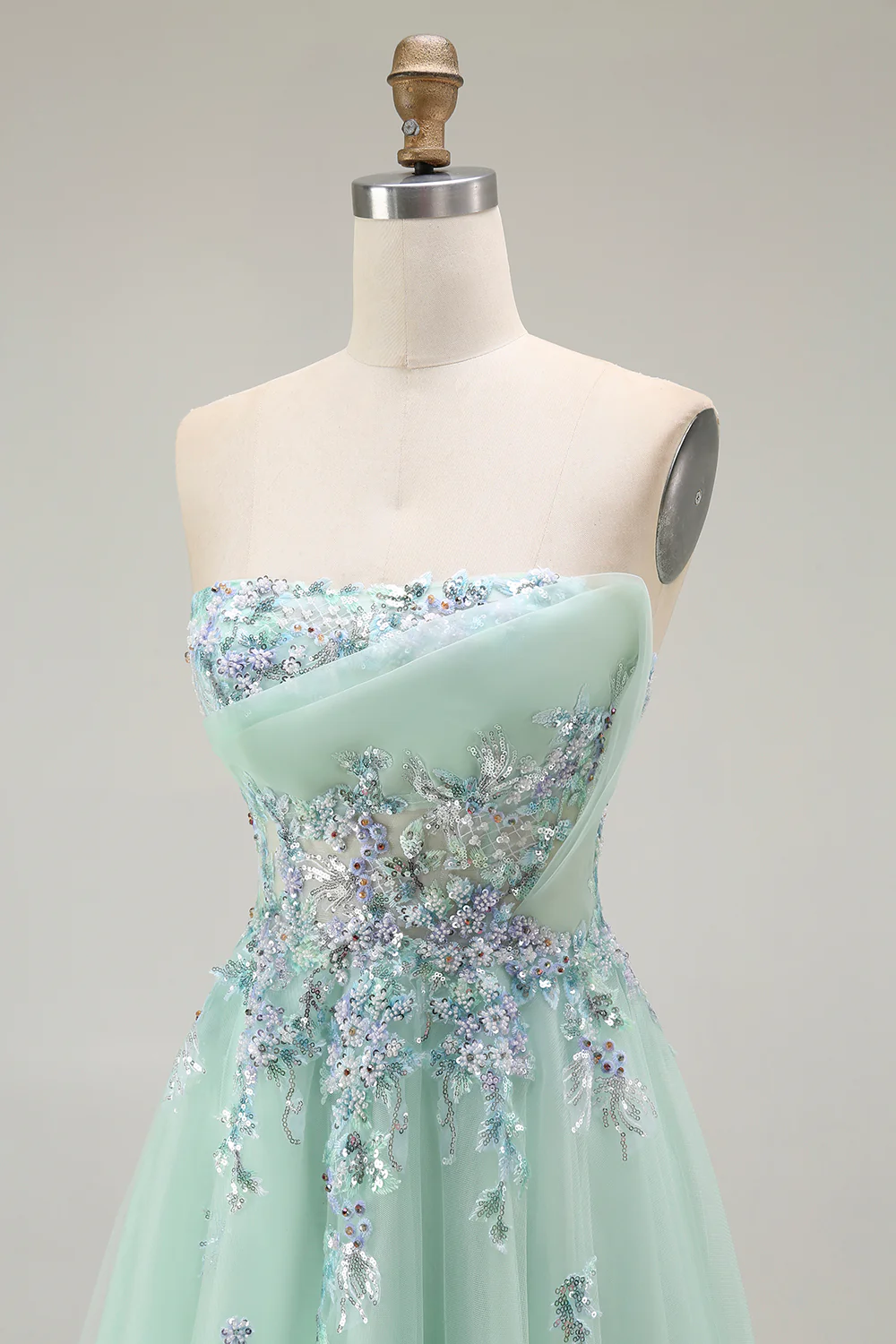 Green Strapless A Line Floral Long Prom Dress with Appliques - VNBITS