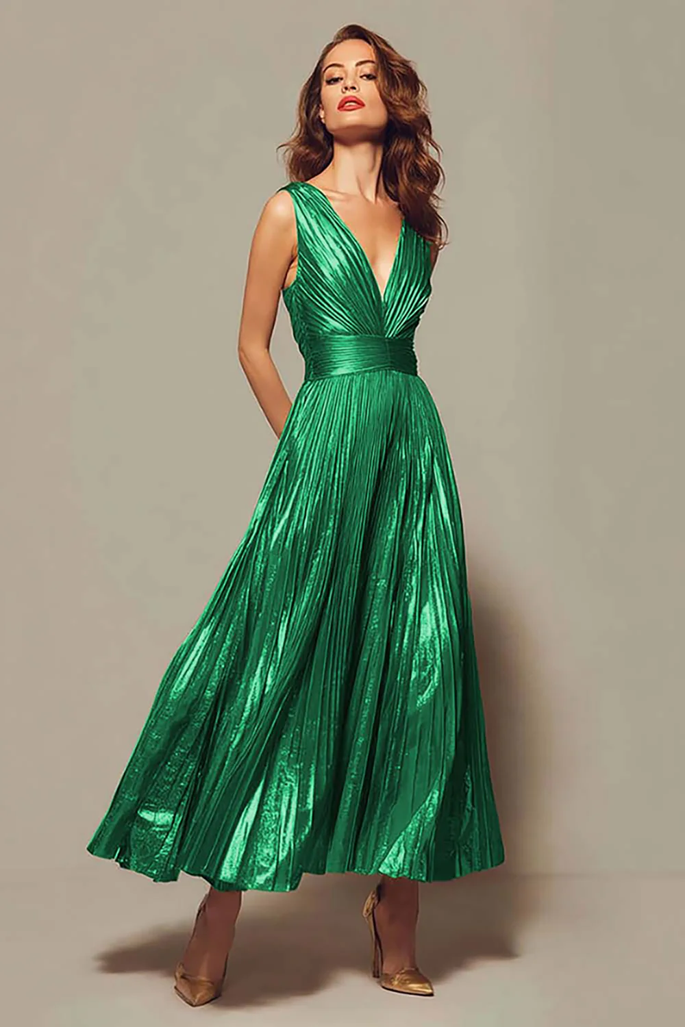 Sparkly Gold Metallic Pleated V-Neck A-Line Long Formal Dress - VNBITS