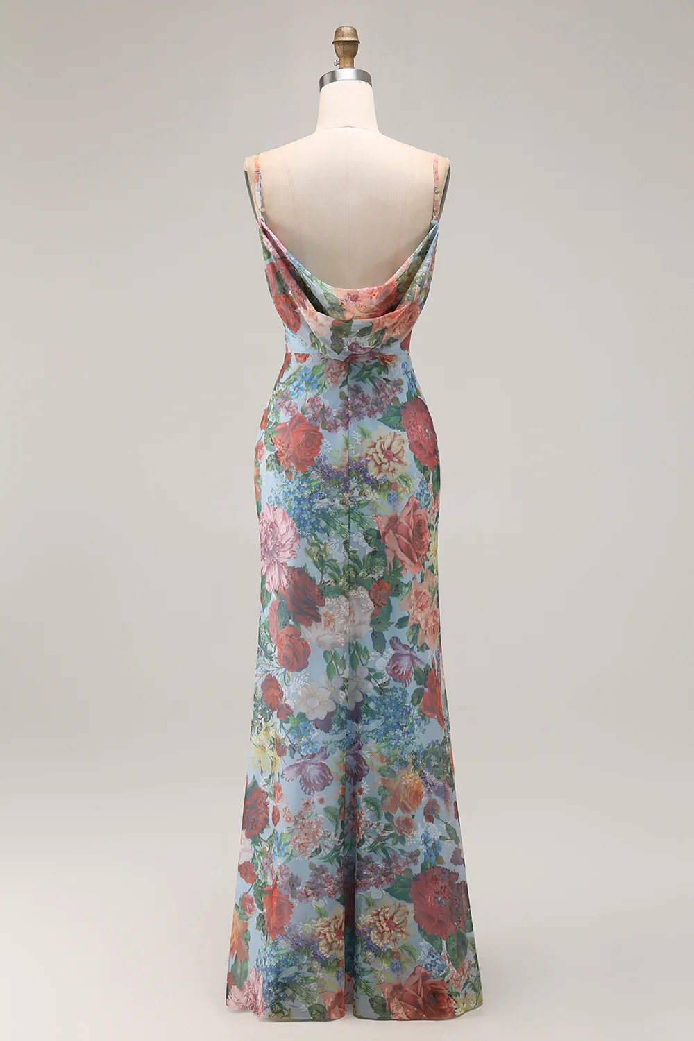 Blue Floral Spaghetti Straps Long Wedding Guest Dress with Slit - VNBITS