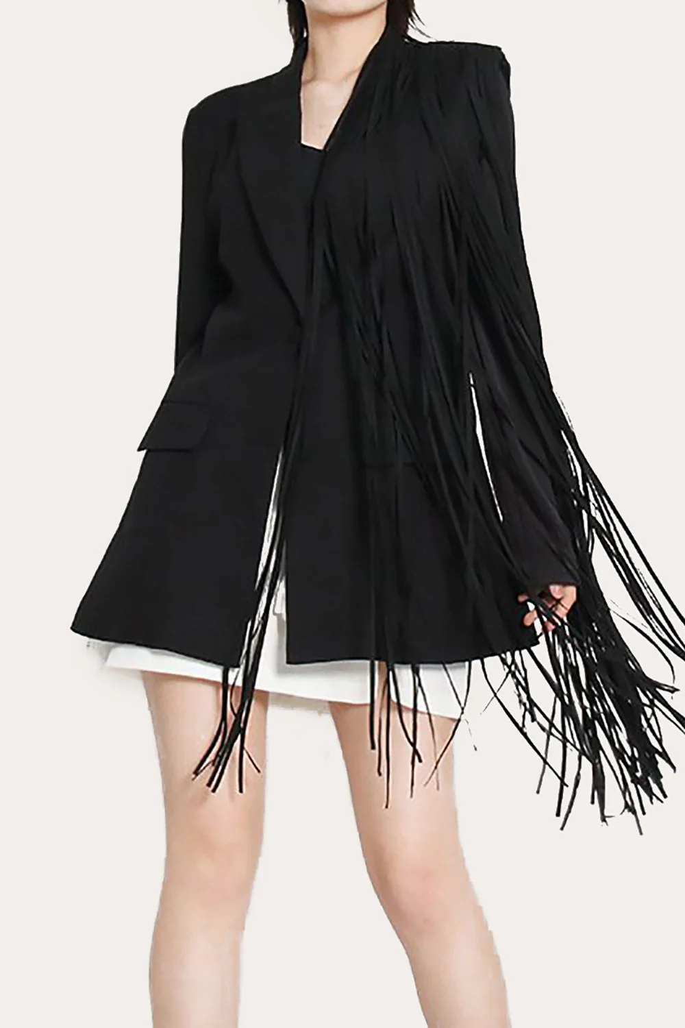 Black Fringed Peak Lapel Prom Women Blazer - VNBITS
