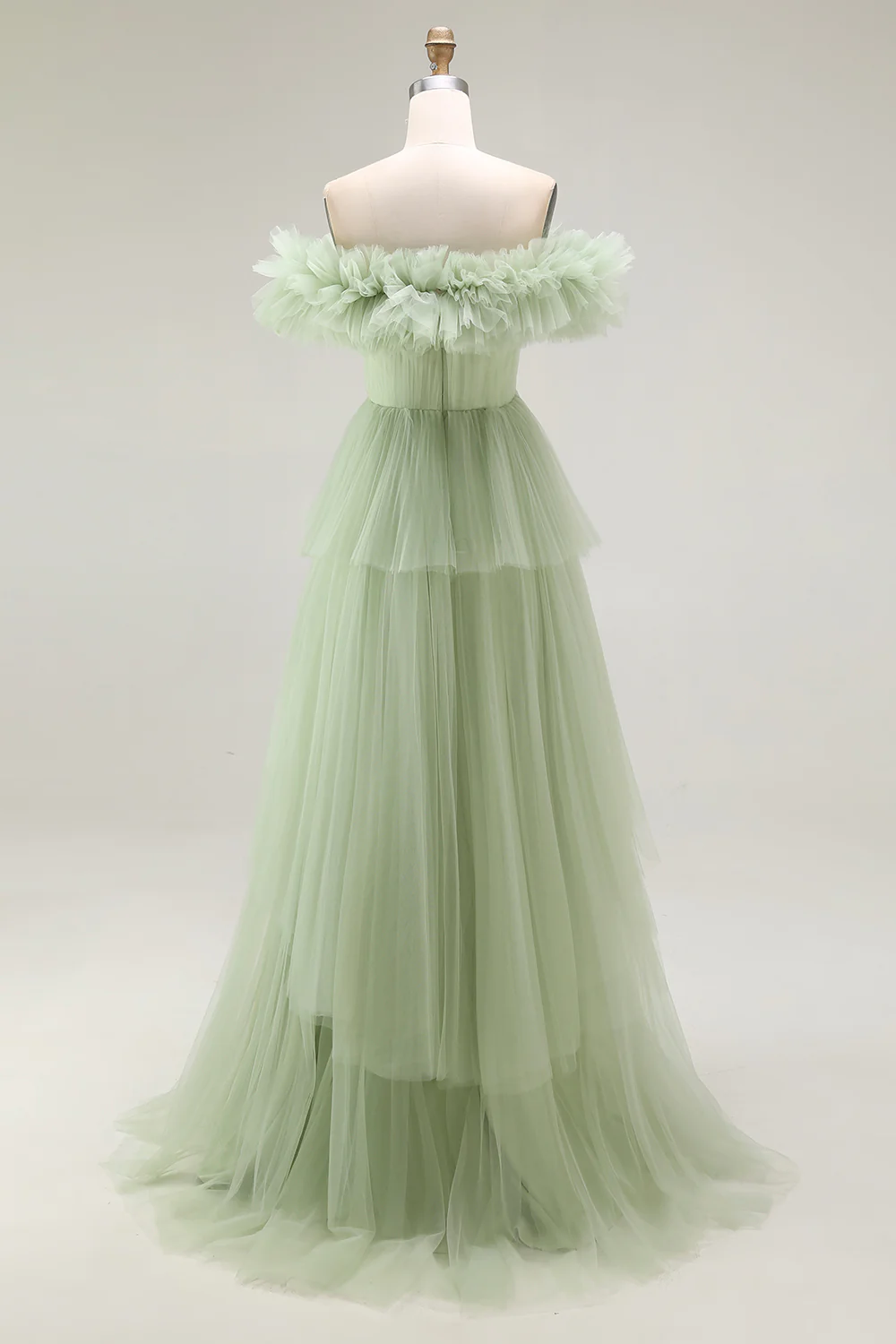 Dusty Sage Tulle Off the Shoulder Long Formal Dress with Ruffles - VNBITS