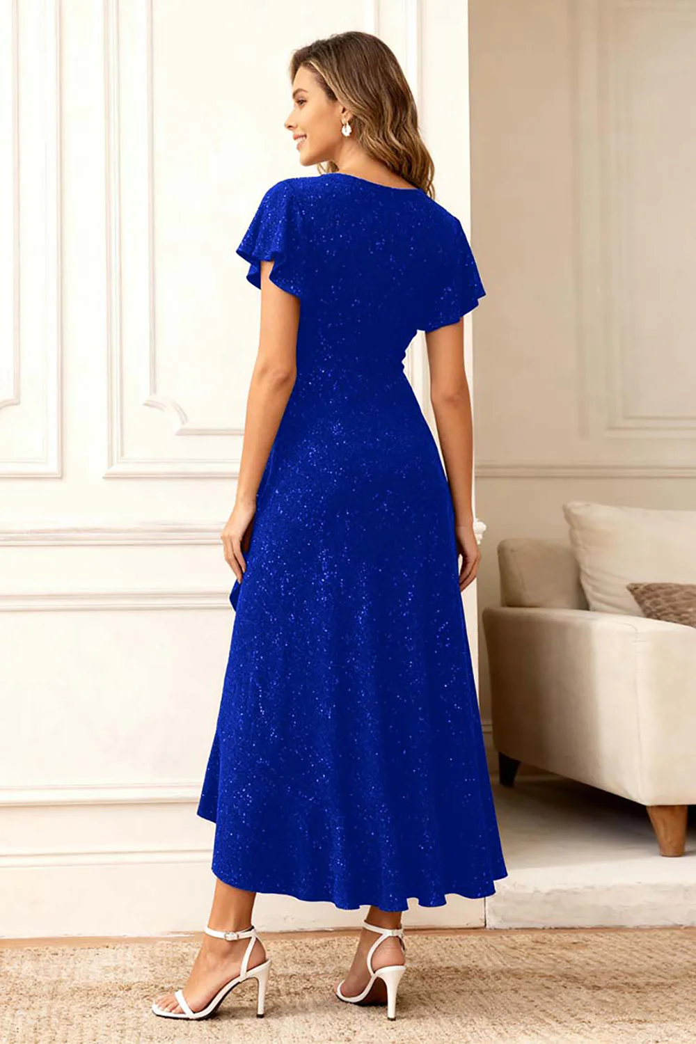 Black Round Neck Midi Glitter Holiday Party Dress with Sleeves - VNBITS
