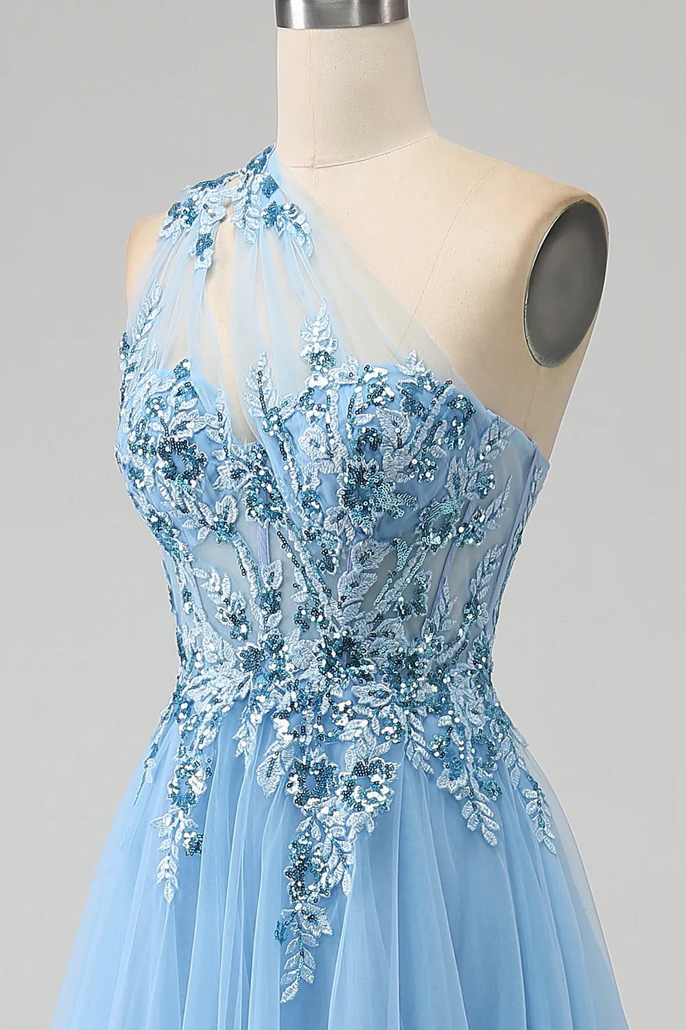 Light Blue A-Line One Shoulder Sequin Prom Dress with Appliques - VNBITS