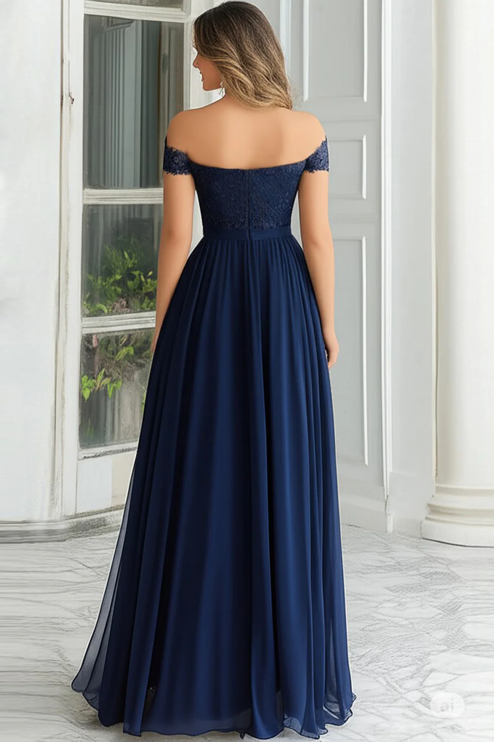 Elegant A-Line Navy Off the Shoulder Chiffon Long Mother Of the Bride Dress with Lace Appliques - VNBITS