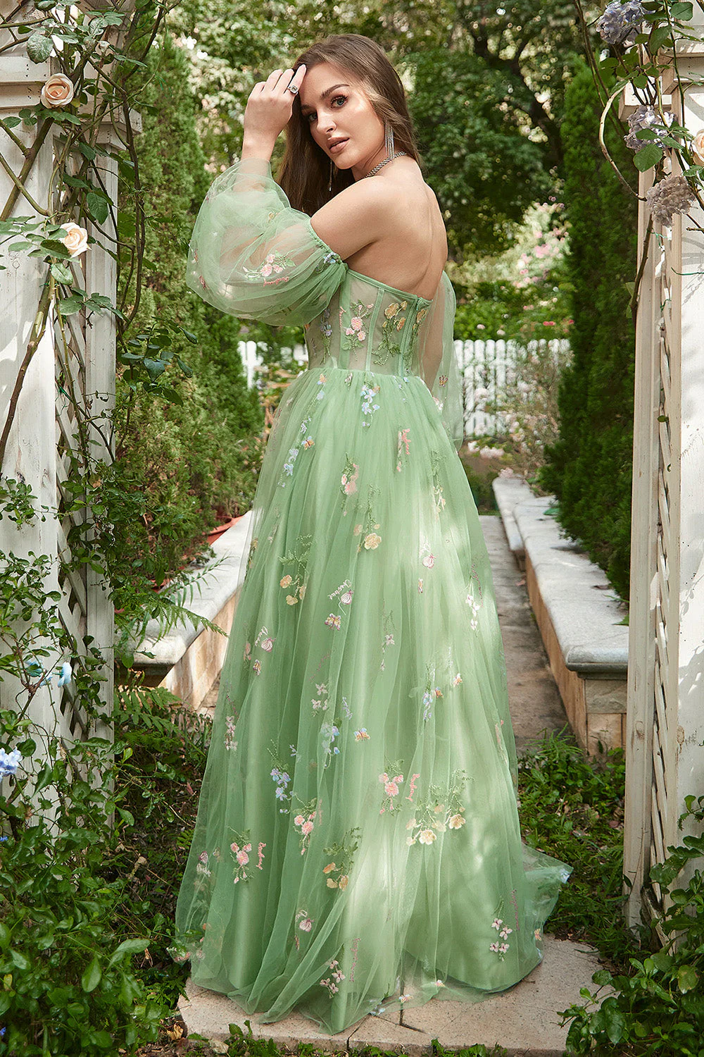 Off The Shoulder Green Long Sleeves A-Line Prom Dress - VNBITS