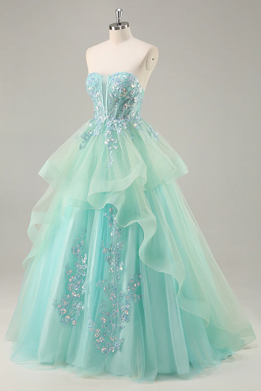Sparkly Green Corset Strapless Long Prom Dress with Ruffles - VNBITS