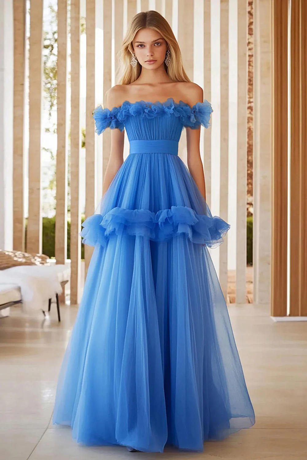 Blue Off the Shoulder A Line Long Tulle Prom Dress with Ruffles - VNBITS