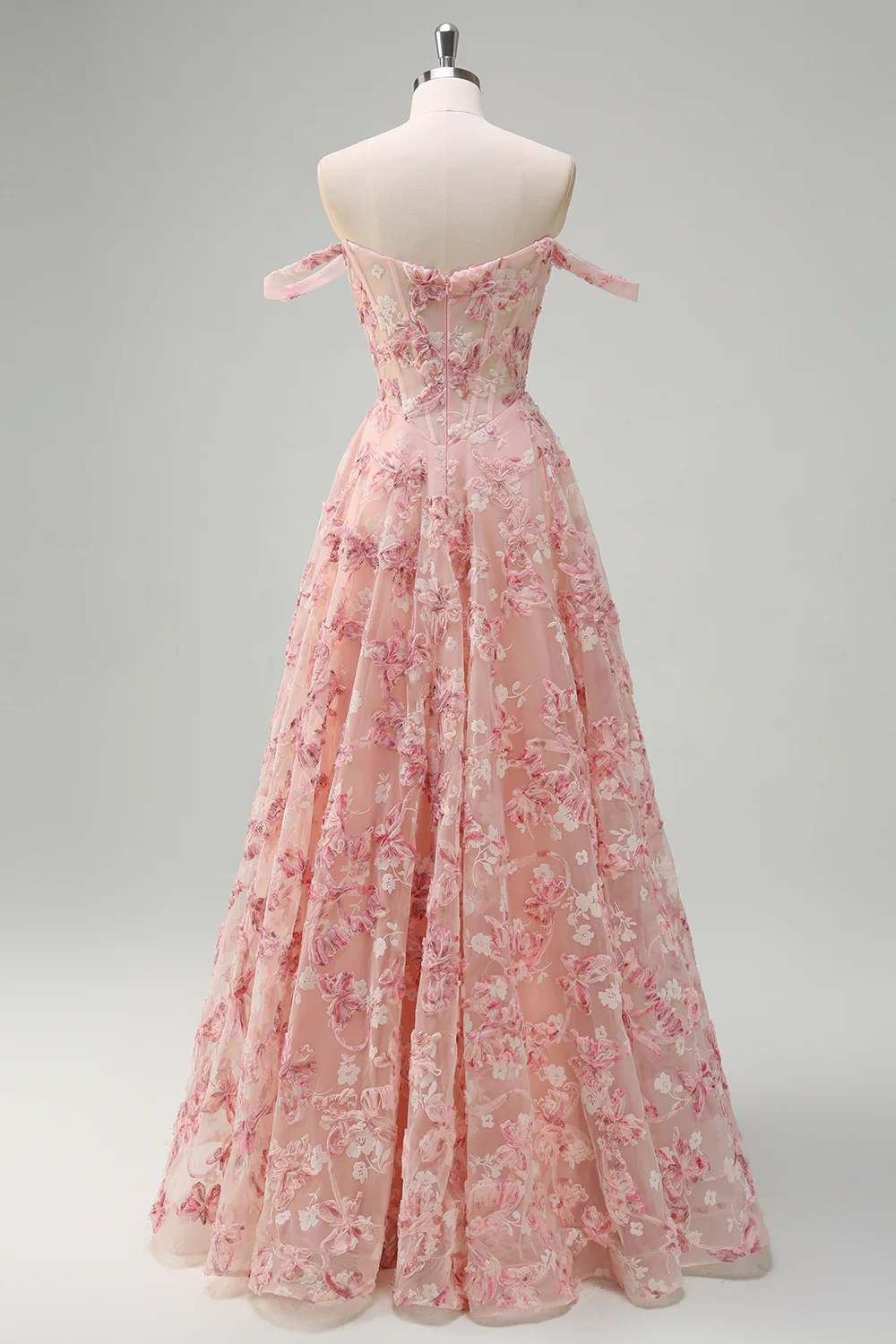 Pink Floral A-Line Off The Shoulder Long Prom Dress with Slit - VNBITS