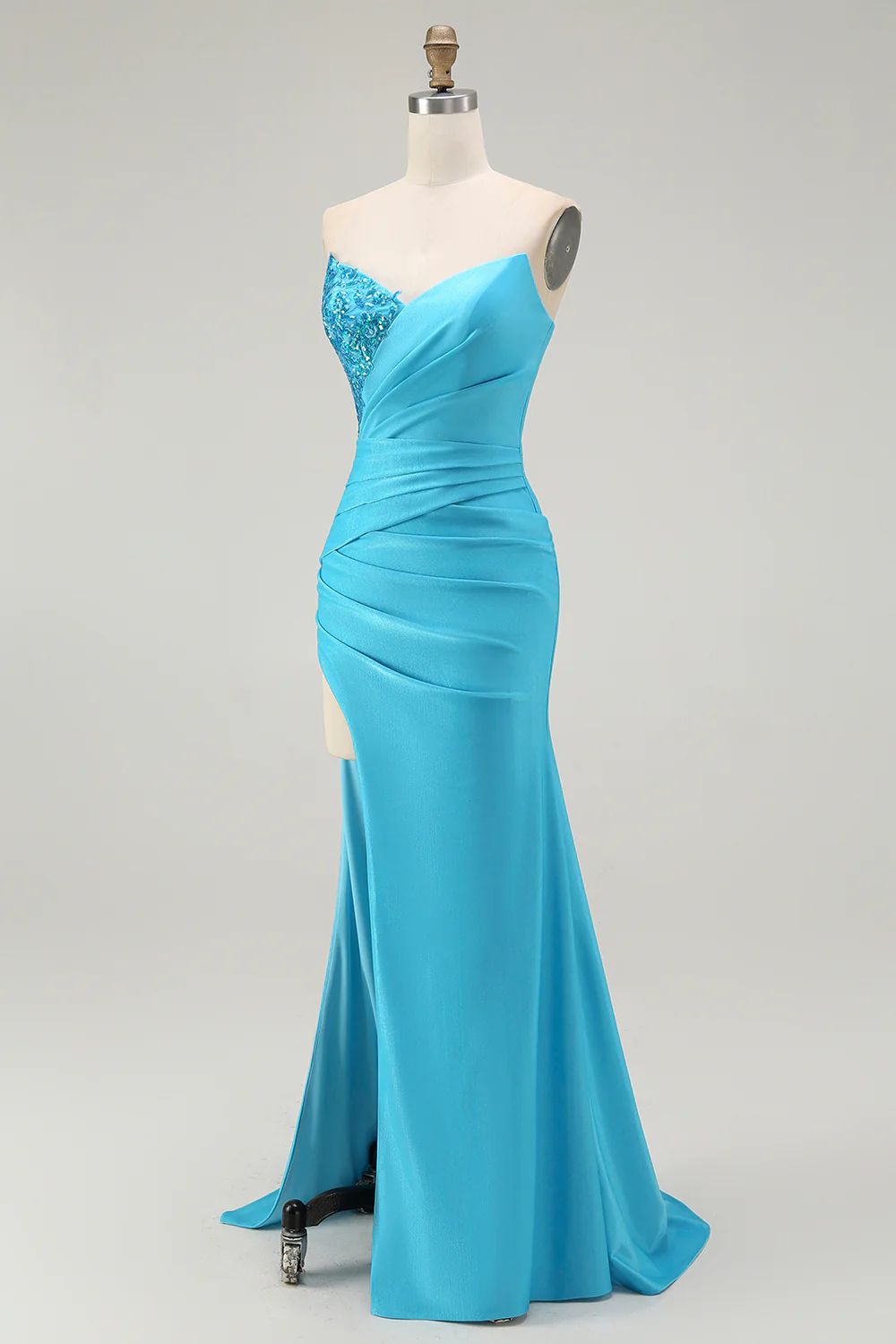 Sparkly Blue Satin Mermaid Ruched Long Prom Dress with Slit - VNBITS