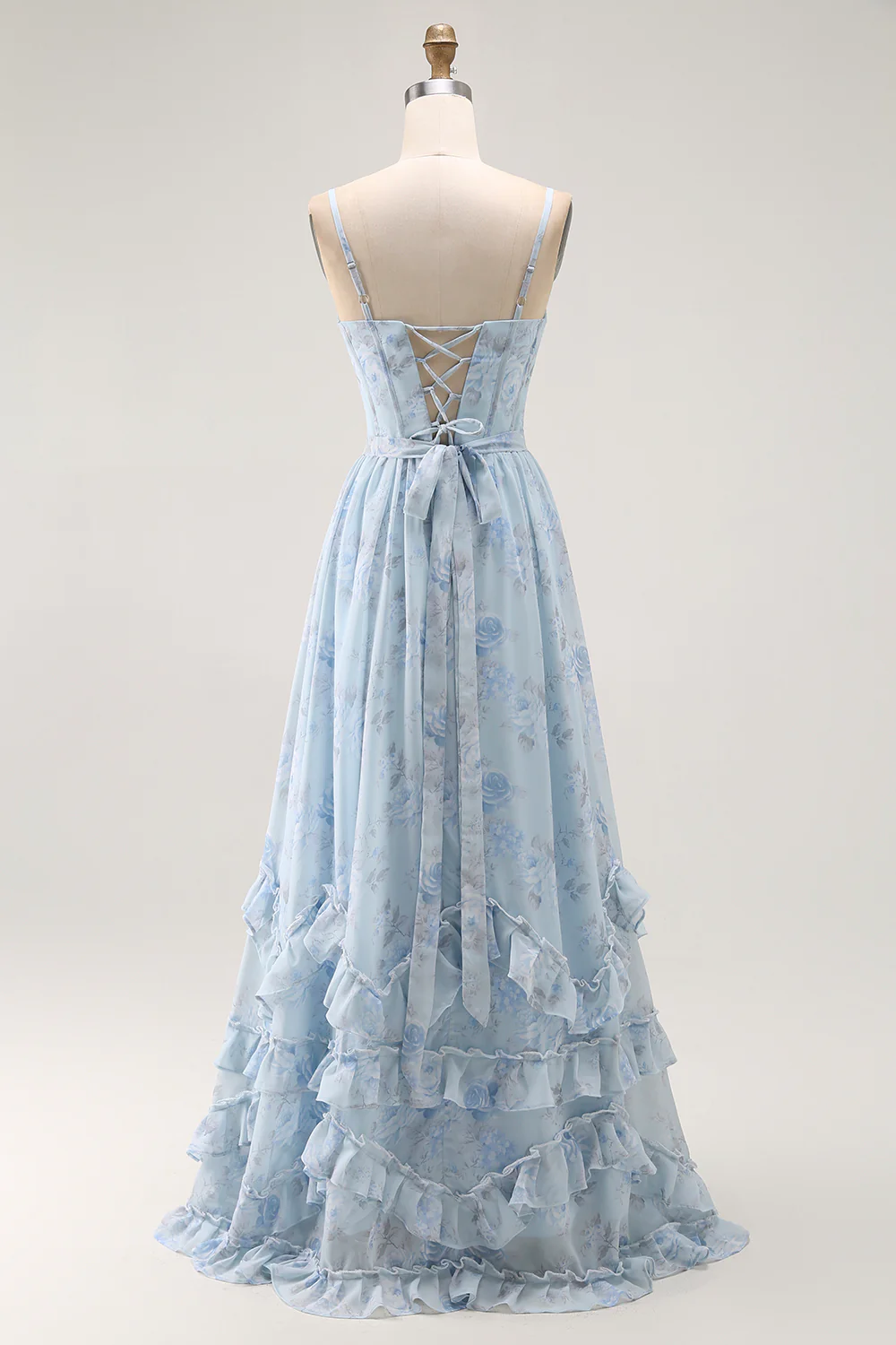 Blue A Line Floral Ruffled Long Bridesmaid Dress with Slit - VNBITS