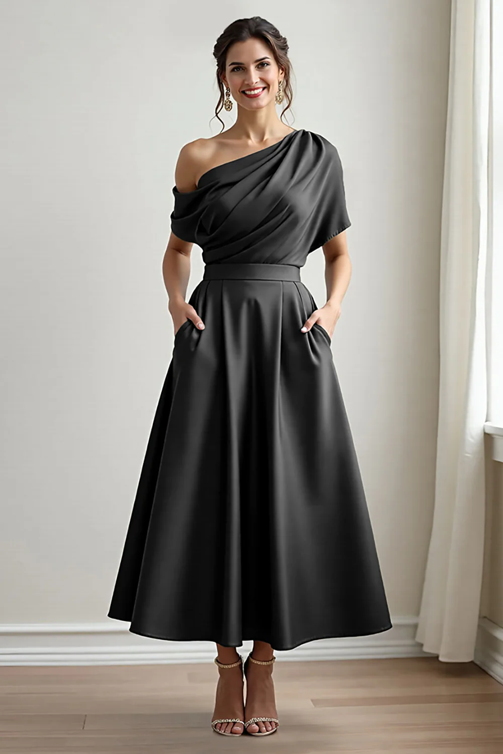 Black A Line Long Satin Mother of the Bride Dress with Pockets - VNBITS
