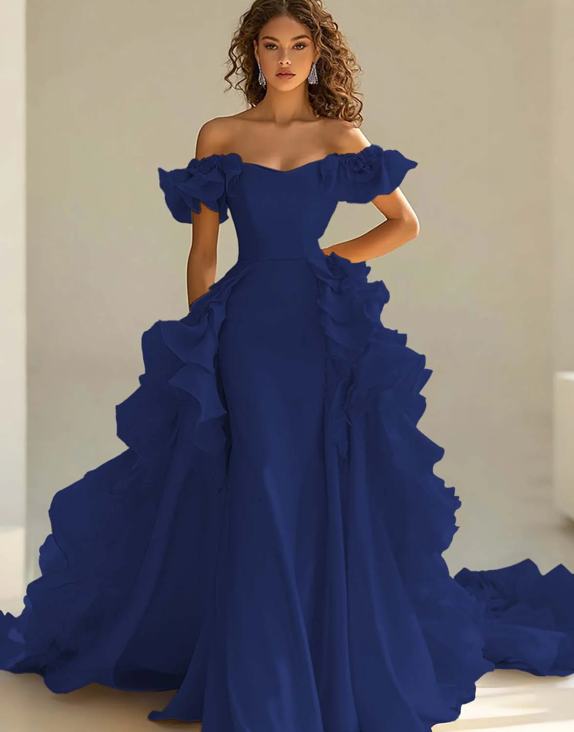 Yellow Satin Long Off the Shoulder Prom Dress with Ruffles - VNBITS
