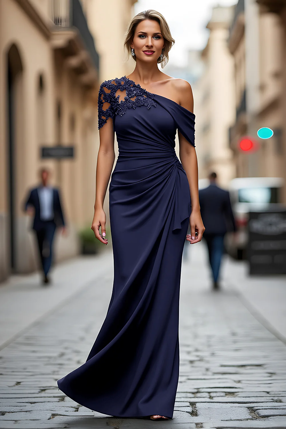 Black One Shoulder Sheath Long Mother of the Bride Dress with Appliques - VNBITS