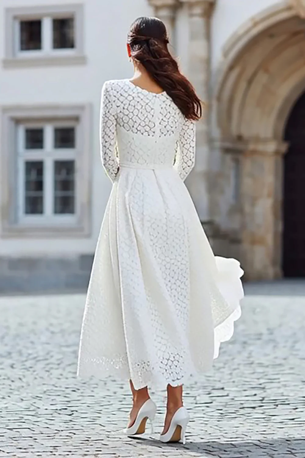 Ivory A Line Lave Long Sleeves Engagement Dress - VNBITS