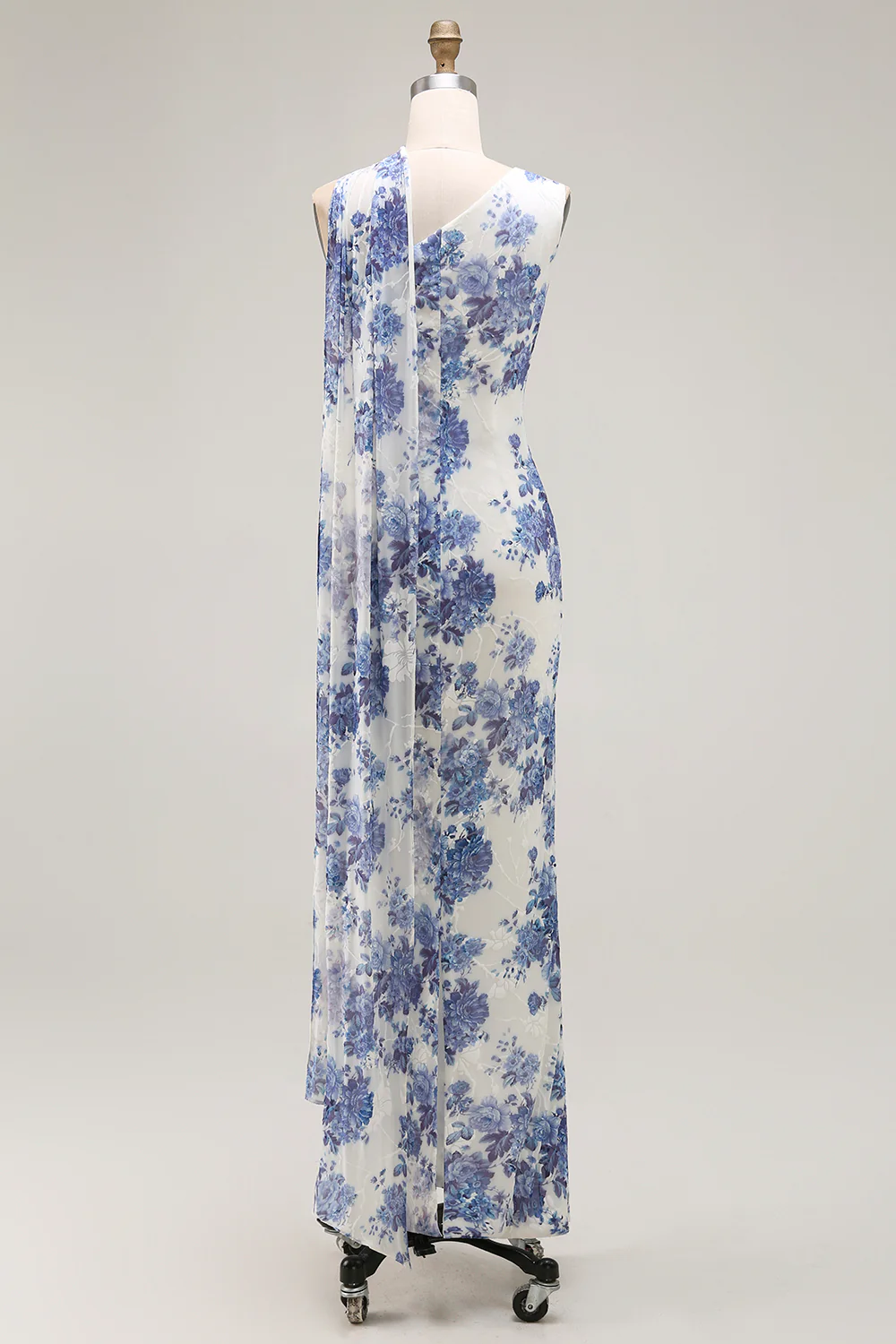 Blue Floral Neck Scarf Sheath Long Bridesmaid Dress - VNBITS