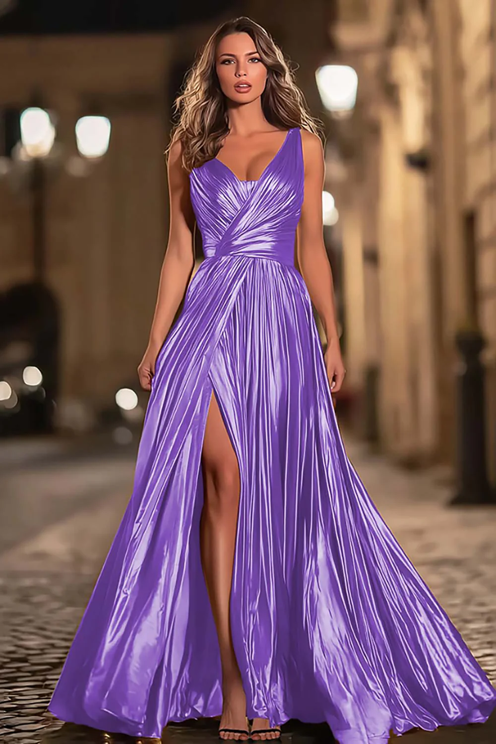 Sparkly Gold Metallic Pleated V-Neck A-Line Long Formal Dress with Slit - VNBITS