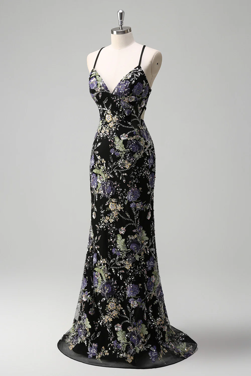 Sparkly Black Floral Mermaid Lace-Up Back Long Prom Dress - VNBITS