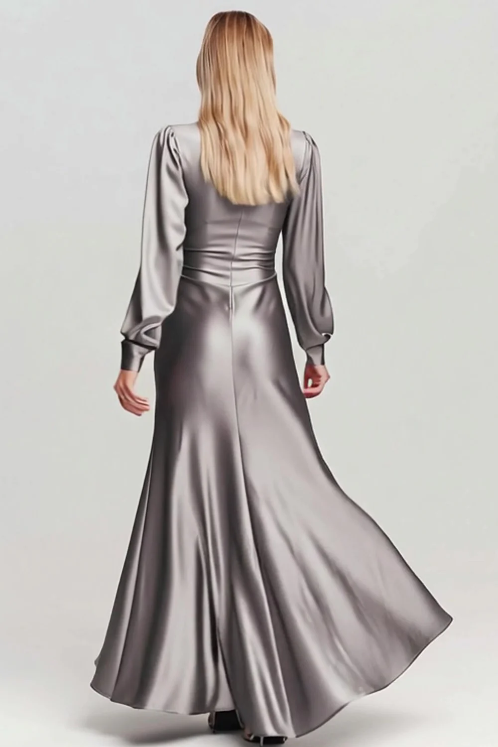 Grey Ruched Satin V Neck Long Formal Dress with Sleeves - VNBITS