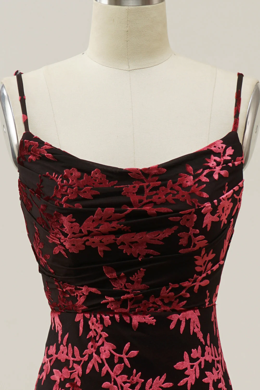Sheath Spaghetti Straps Burgundy Printed Velvet Long Prom Dress with Silt - VNBITS
