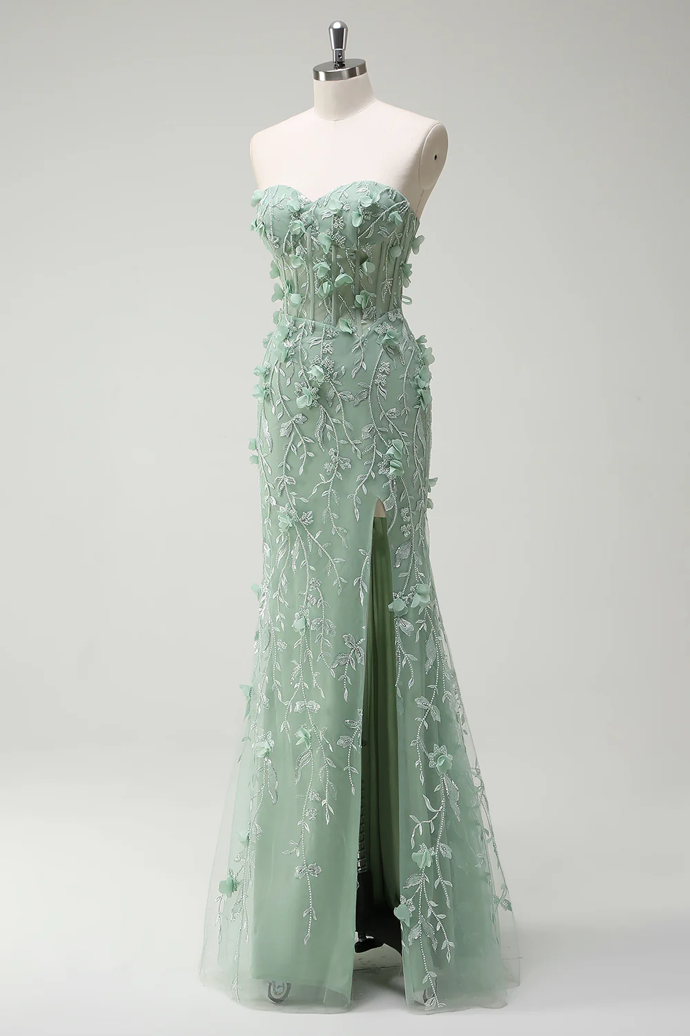 Sage Floral Beaded Mermaid Sweetheart Long Prom Dress with Slit - VNBITS