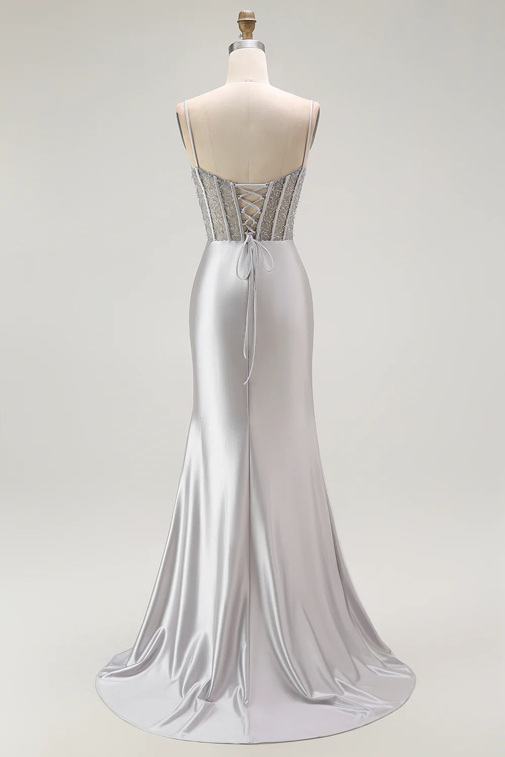 Sparkly Navy Satin Mermaid Long Corset Prom Dress with Beading - VNBITS