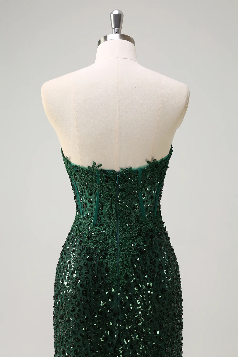 Dark Green Floral Sequined Mermaid Strapless Long Prom Dress with Slit - VNBITS