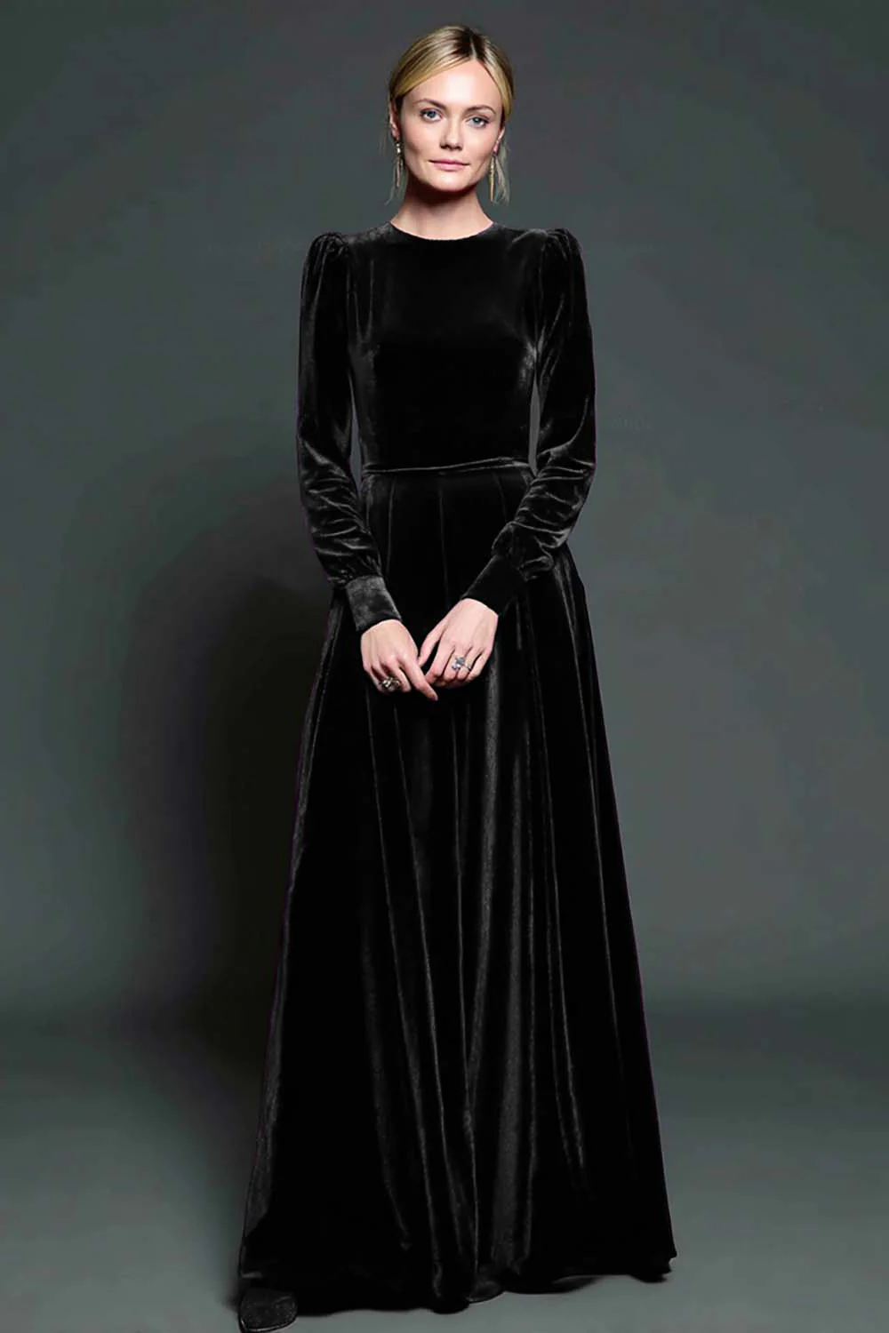 Simple Dark Purple Velvet A Line Long Holiday Party Dress with Sleeves - VNBITS