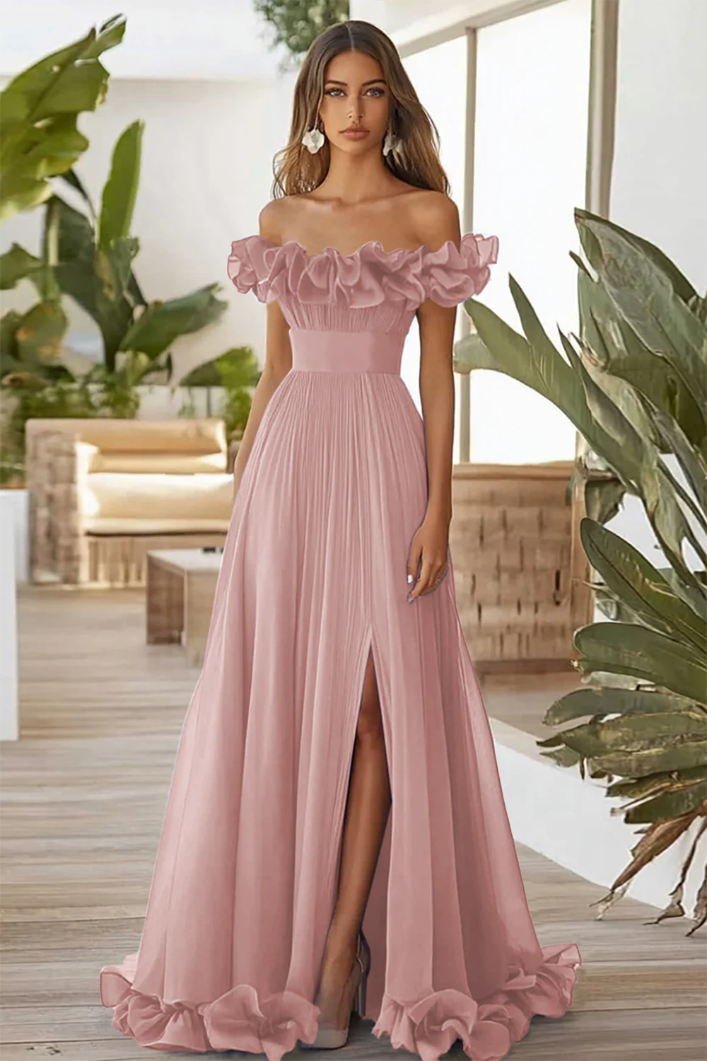 Dark Navy A Line Off the Shoulder Long Formal Dress with Slit - VNBITS