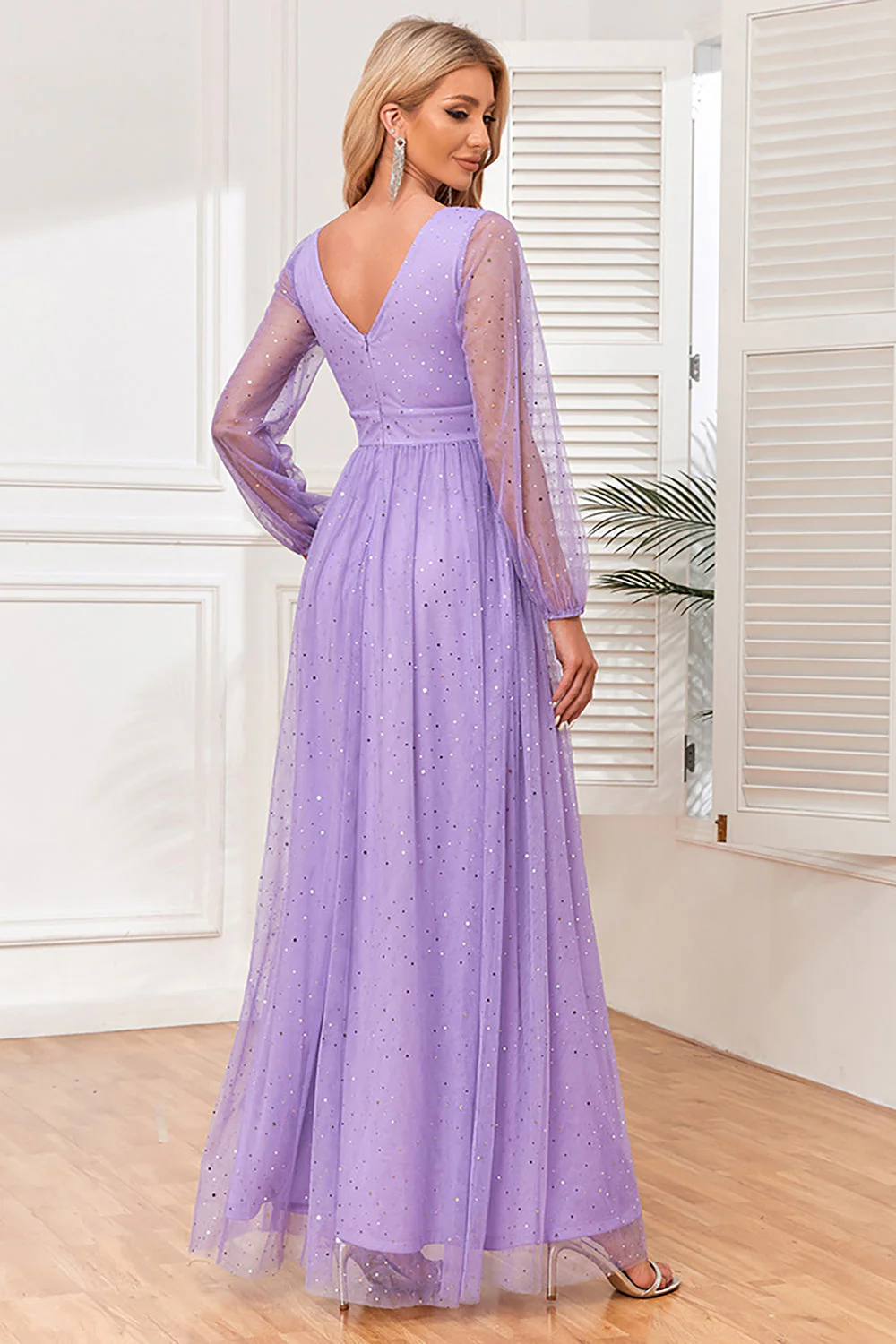 A-Line Long Sleeves Lilac Holiday Party Dress with Slit - VNBITS