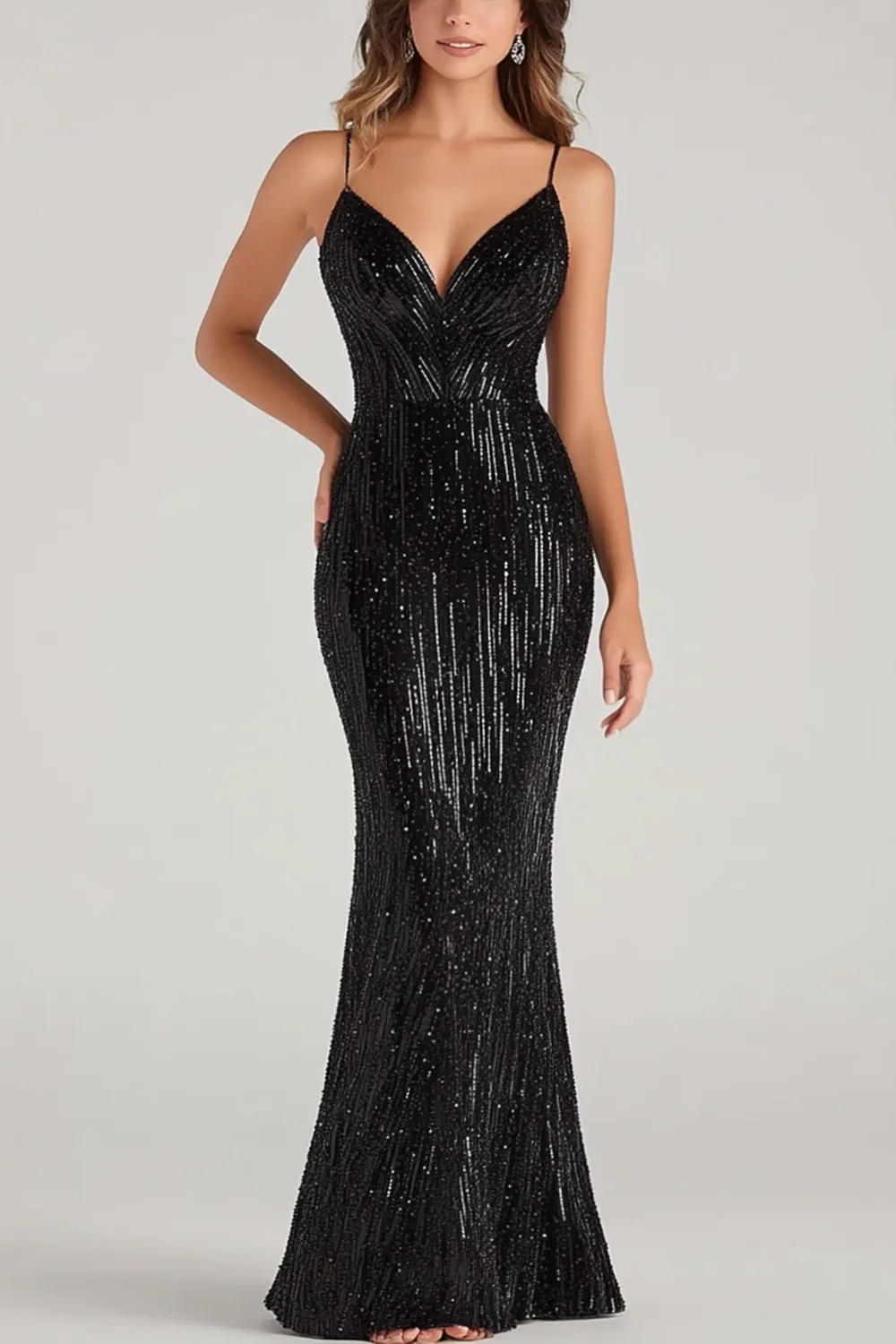 Black Mermaid Spaghetti Straps Sequins Formal Dress - VNBITS