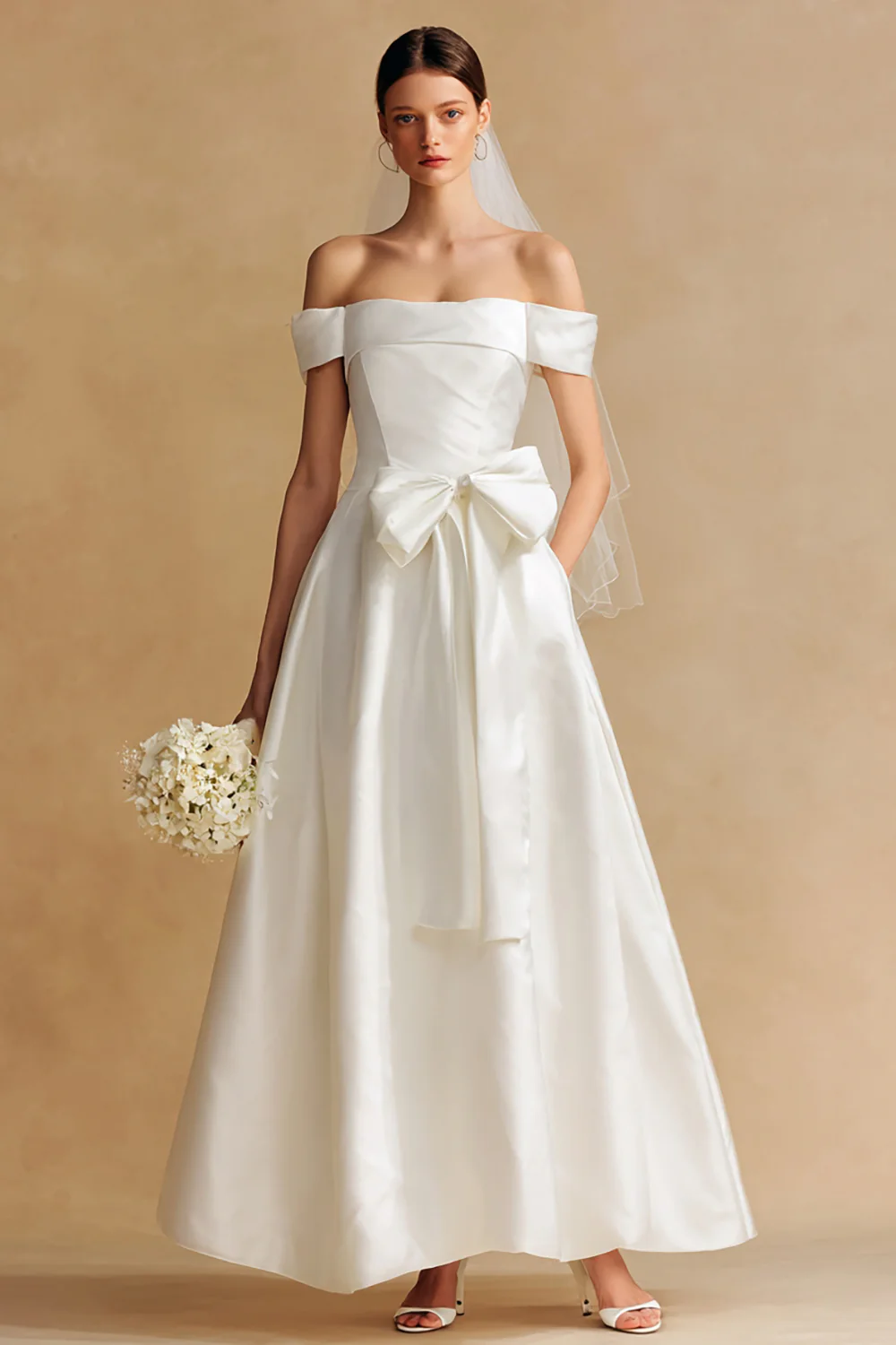 White Off the Shoulder Satin Long Wedding Dress with Bow - VNBITS