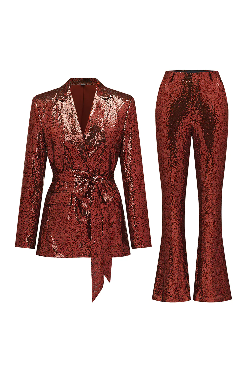 Sparkly Green Sequins Notched Lapel Women Suits with Belt - VNBITS