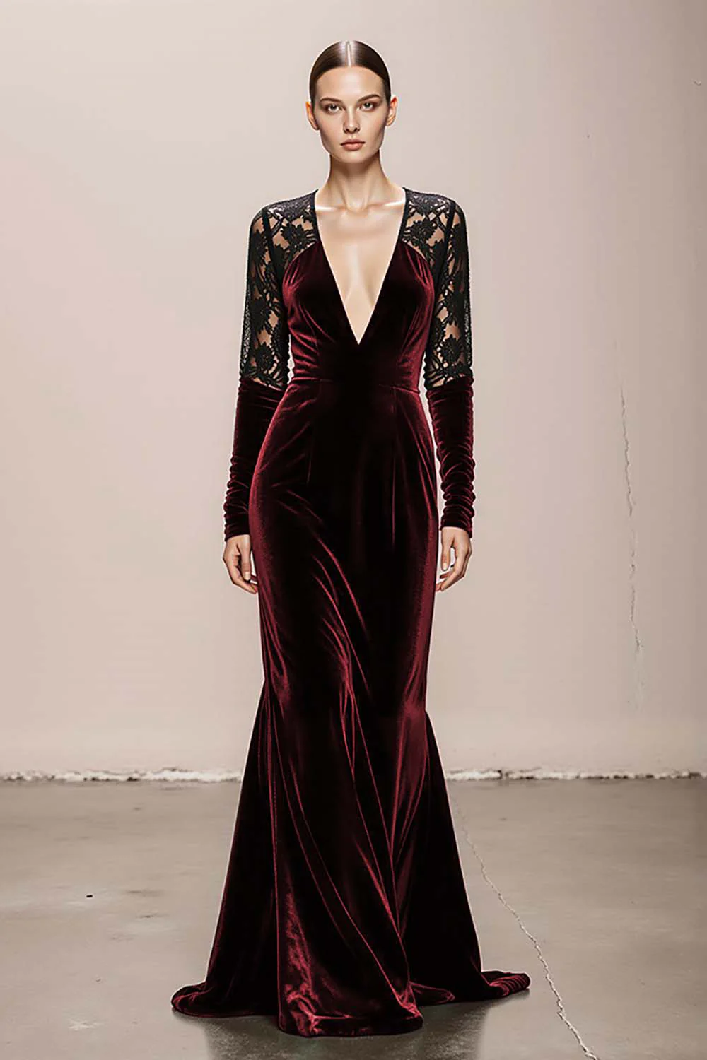 Dark Green V-Neck Velvet Mermaid Long Formal Dress with Lace - VNBITS