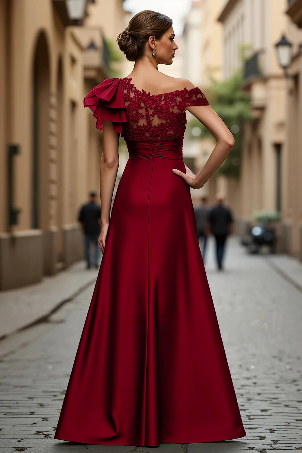 Black Chiffon Ruffled One Shoulder Long Mother of the Bride Dress with Lace - VNBITS