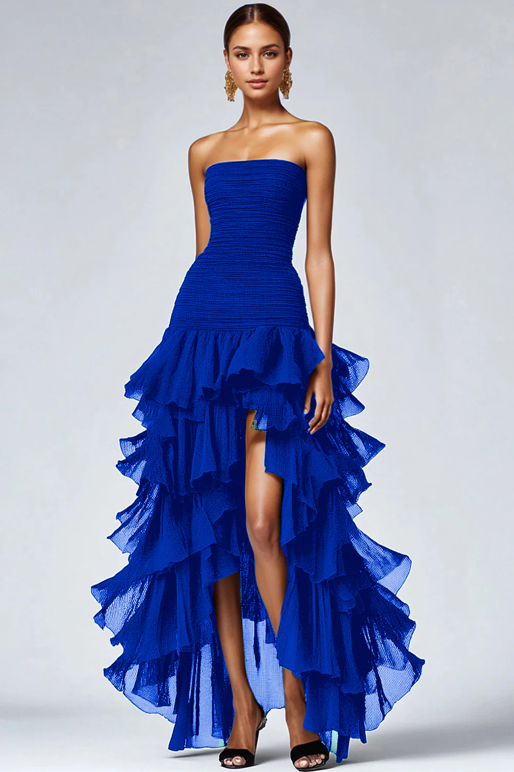 A Line Black Strapless Tiered Formal Dress with Slit - VNBITS
