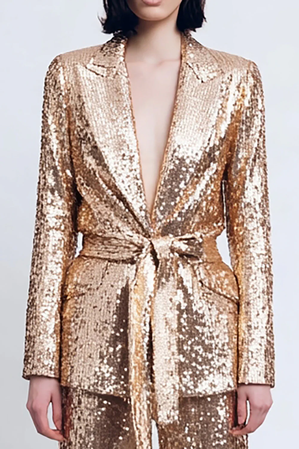Sparkly Gold Peak Lapel 2 Piece Sequins Women Prom Suits with Sash - VNBITS