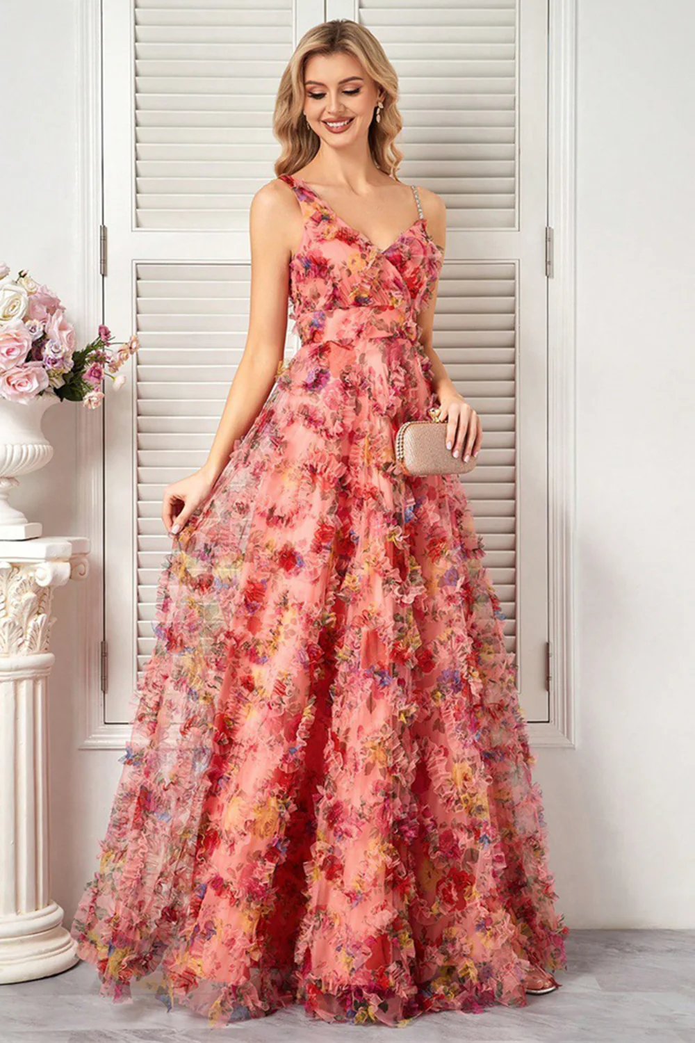 Floral Blush A Line Spaghetti Straps Long Prom Dress with Ruffles - VNBITS