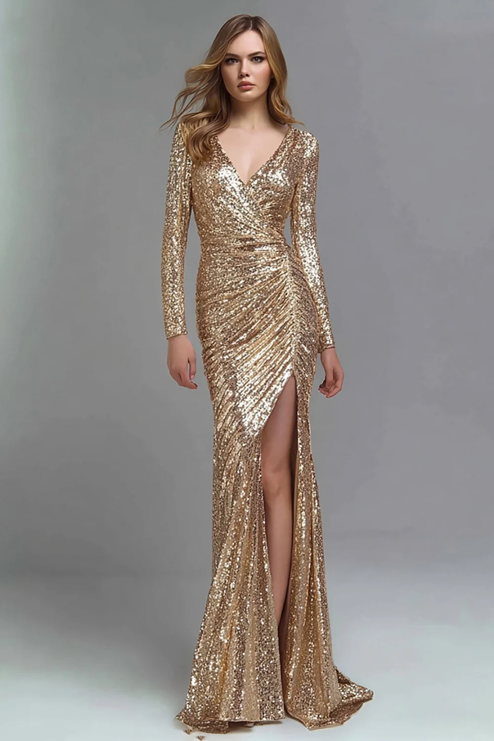Sparkly Gold Sequin V-Neck Mermaid Long Formal Dress with Slit - VNBITS